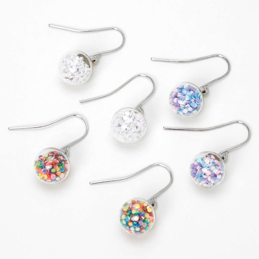 Claire's Silver Holographic Shaker Drop Fish Hook Earrings, Colourful Bead Balls